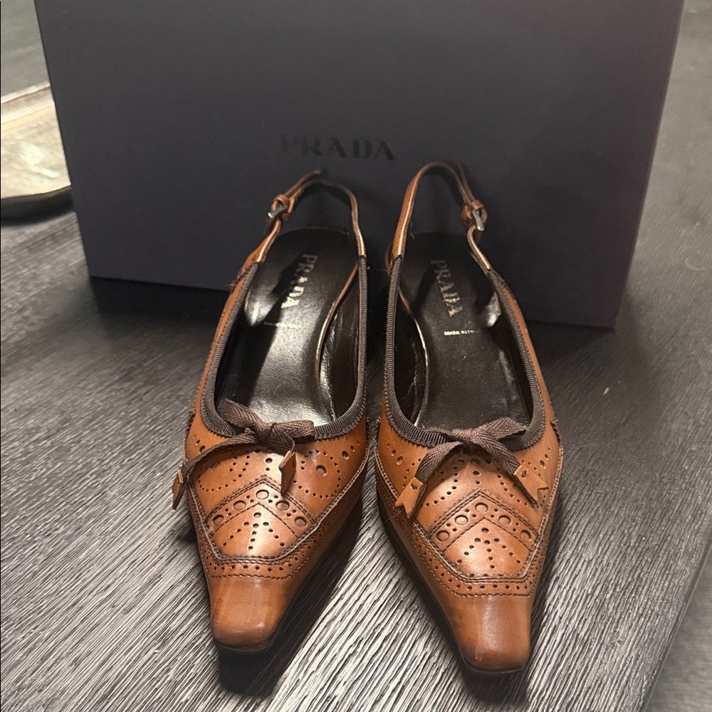 Prada Women's Tan Leather Slingback Heels